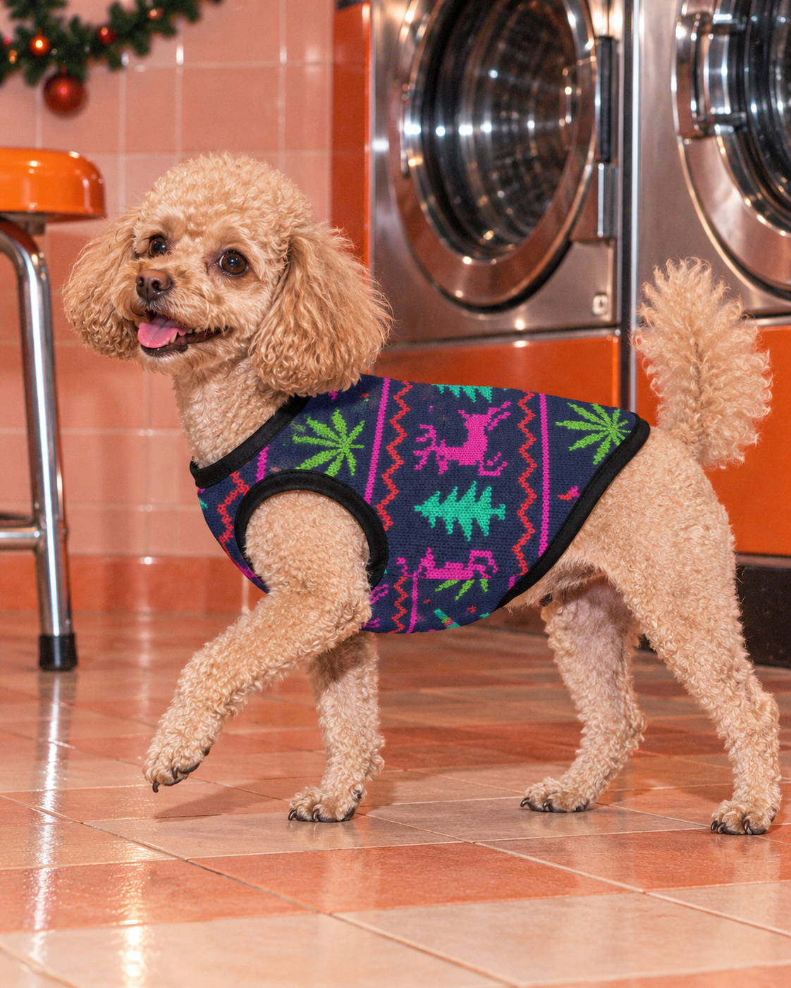 Size M Neon X-Mas Dog Vest illustrated fit on a dog, showing festive print and black trim
