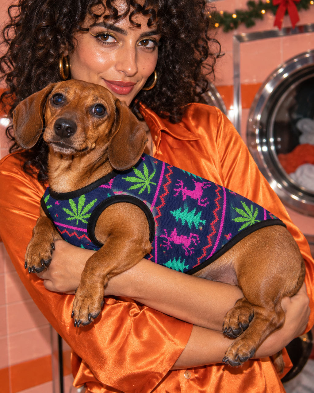 Close on-dog view of Neon X-Mas Dog Vest neckline and festive Herb print