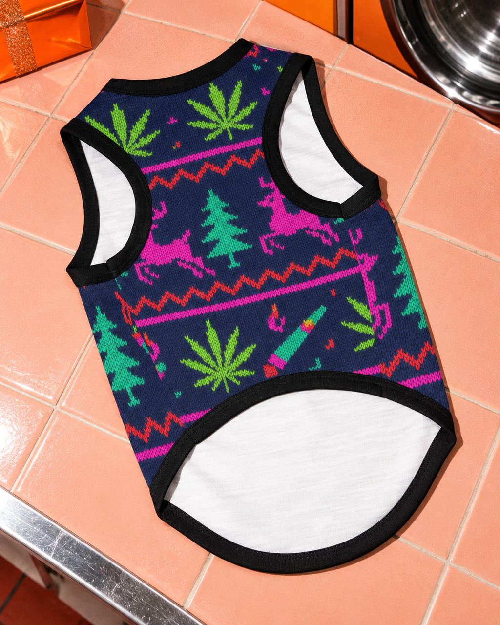 Neon X-Mas Dog Vest with pink reindeer, green Herb leaves and black trim, full product view