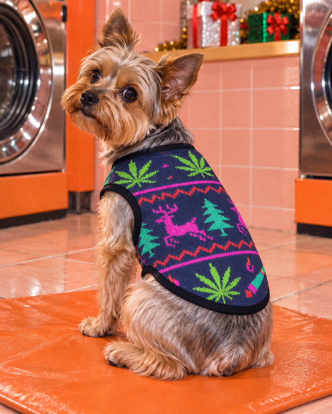 Size S Neon X-Mas Dog Vest illustrated fit on a dog, showing festive print and black trim