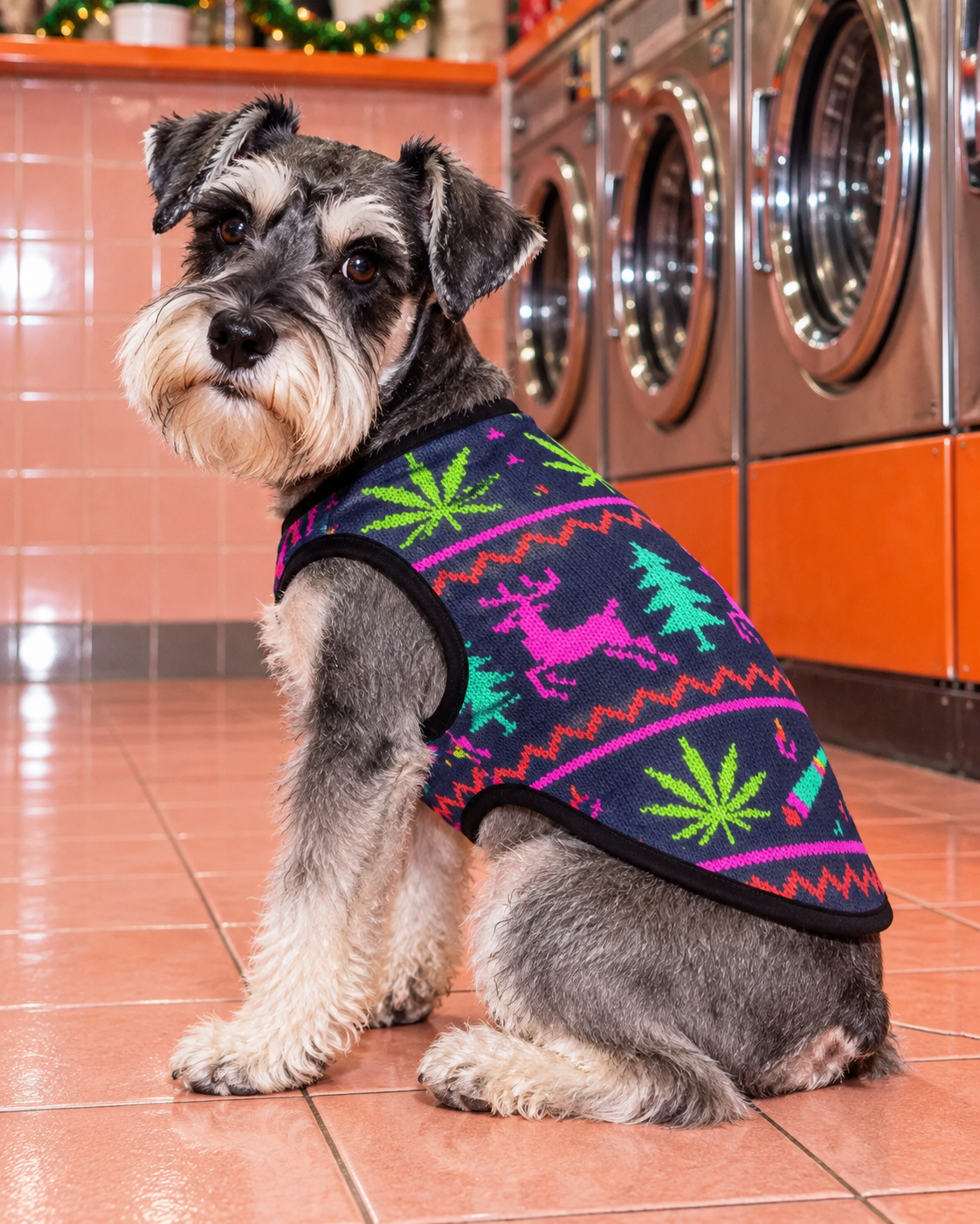 Size XL Neon X-Mas Dog Vest illustrated fit on a dog, showing festive print and black trim