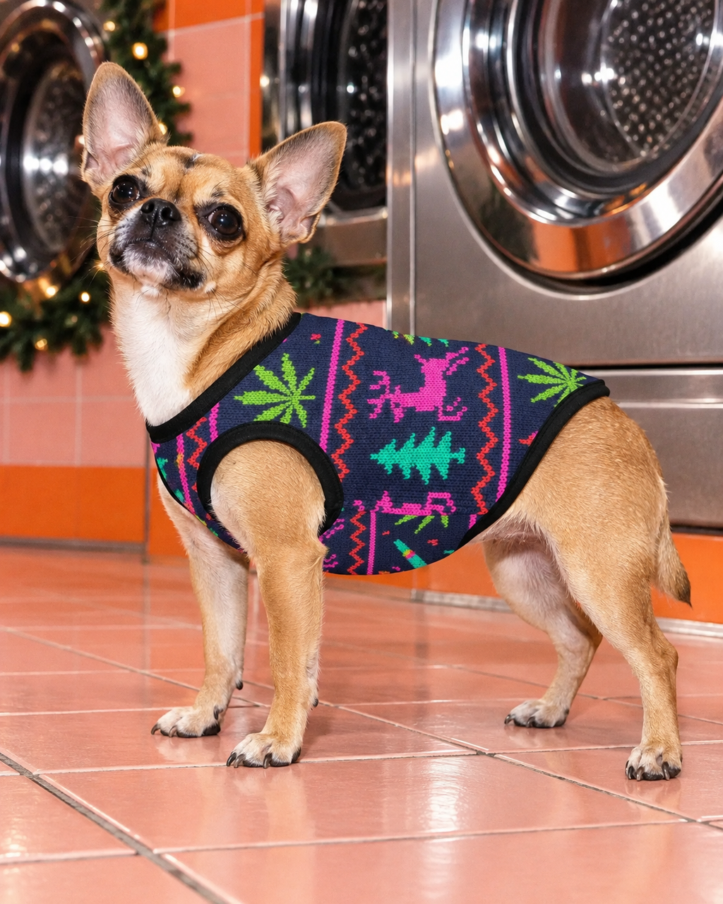 Size XS Neon X-Mas Dog Vest illustrated fit on a dog, showing festive print and black trim