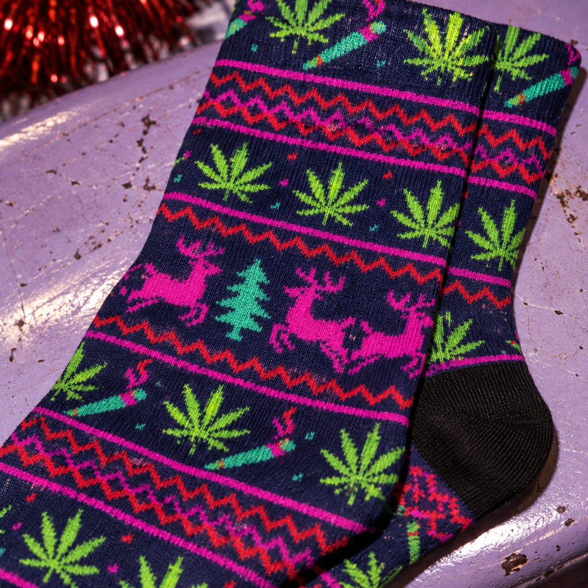 Neon Xmas Socks detail of pink reindeer, teal tree and fine stretch fabric