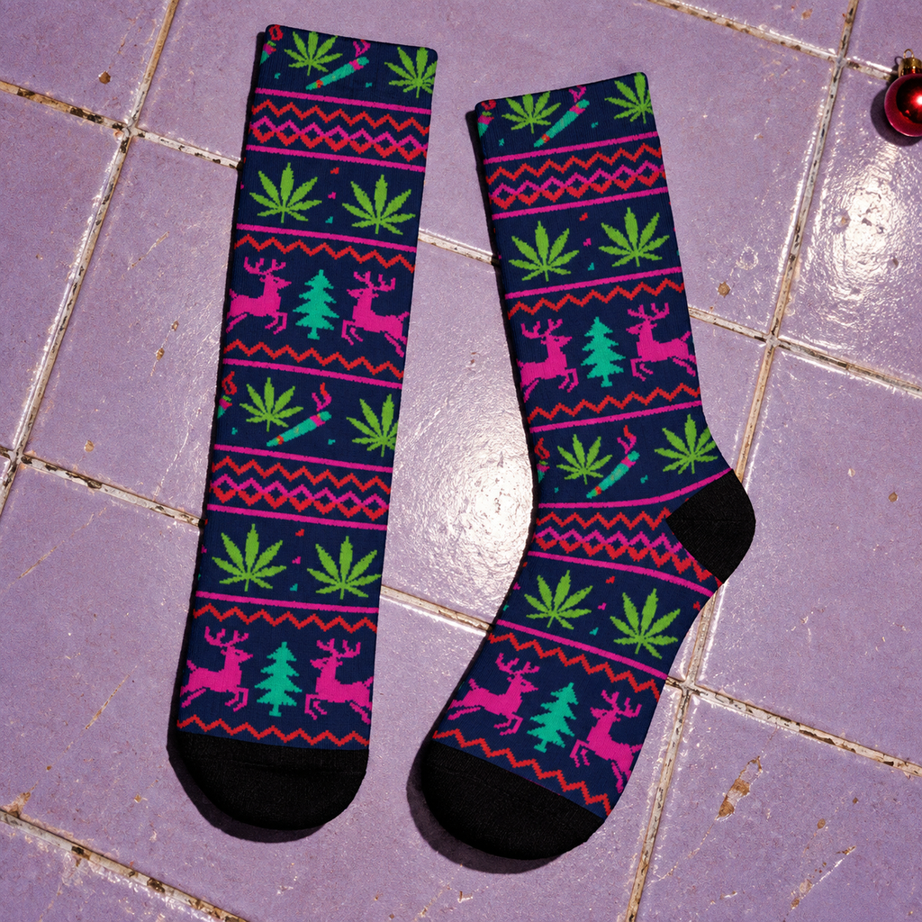 Neon Xmas Socks full pair showing navy holiday print and black toes