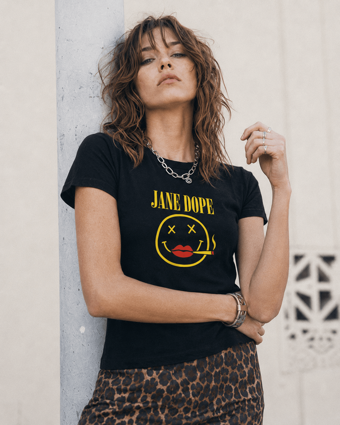 Nirvana 'ish graphic print t-shirt, full length outdoor lifestyle shot on model