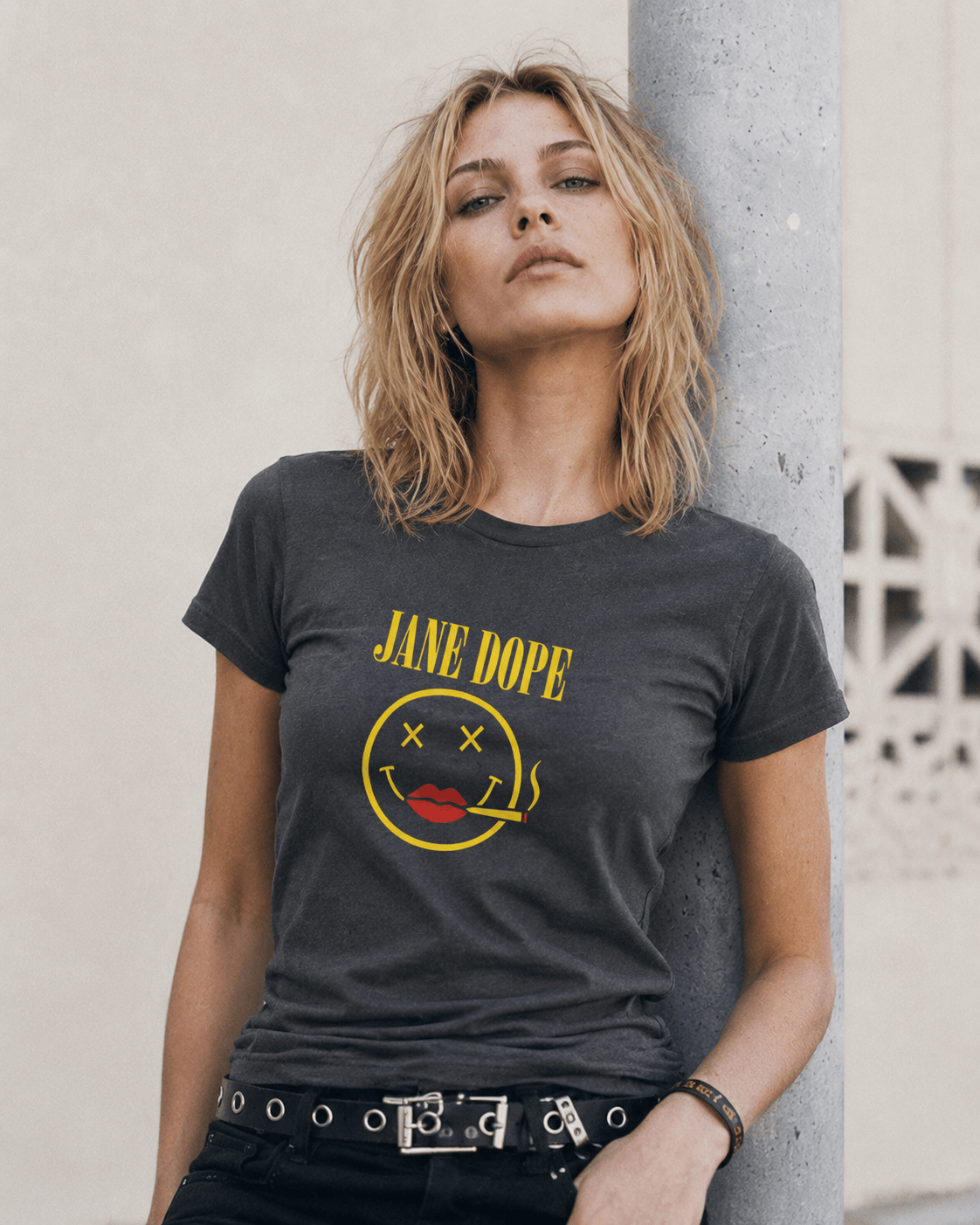Nirvana 'ish graphic print t-shirt, three-quarter view on model