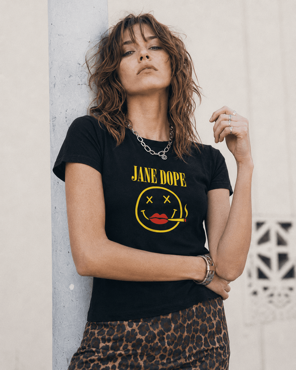 Nirvana 'ish graphic print t-shirt, side view on model