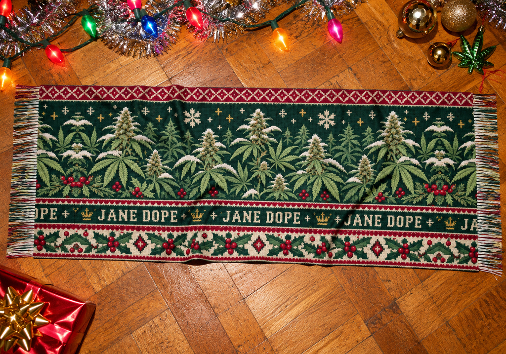 Full rectangular Nugs & Mistletoe scarf with botanical print, Jane Dope border and fringe at both short ends, surrounded by Christmas decorations.