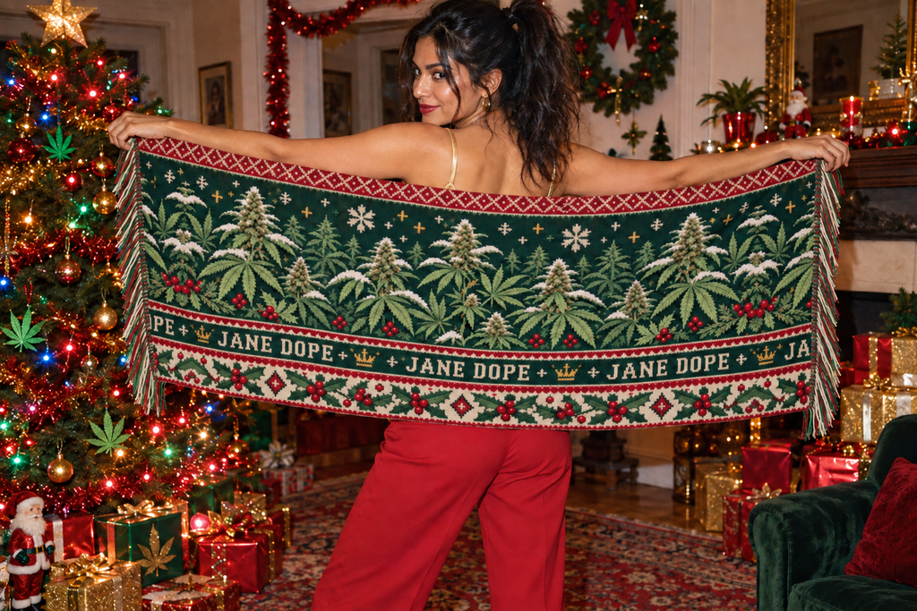 The 200 by 70 cm Nugs & Mistletoe scarf held open across the back, showing its oversized rectangular shape and botanical design.