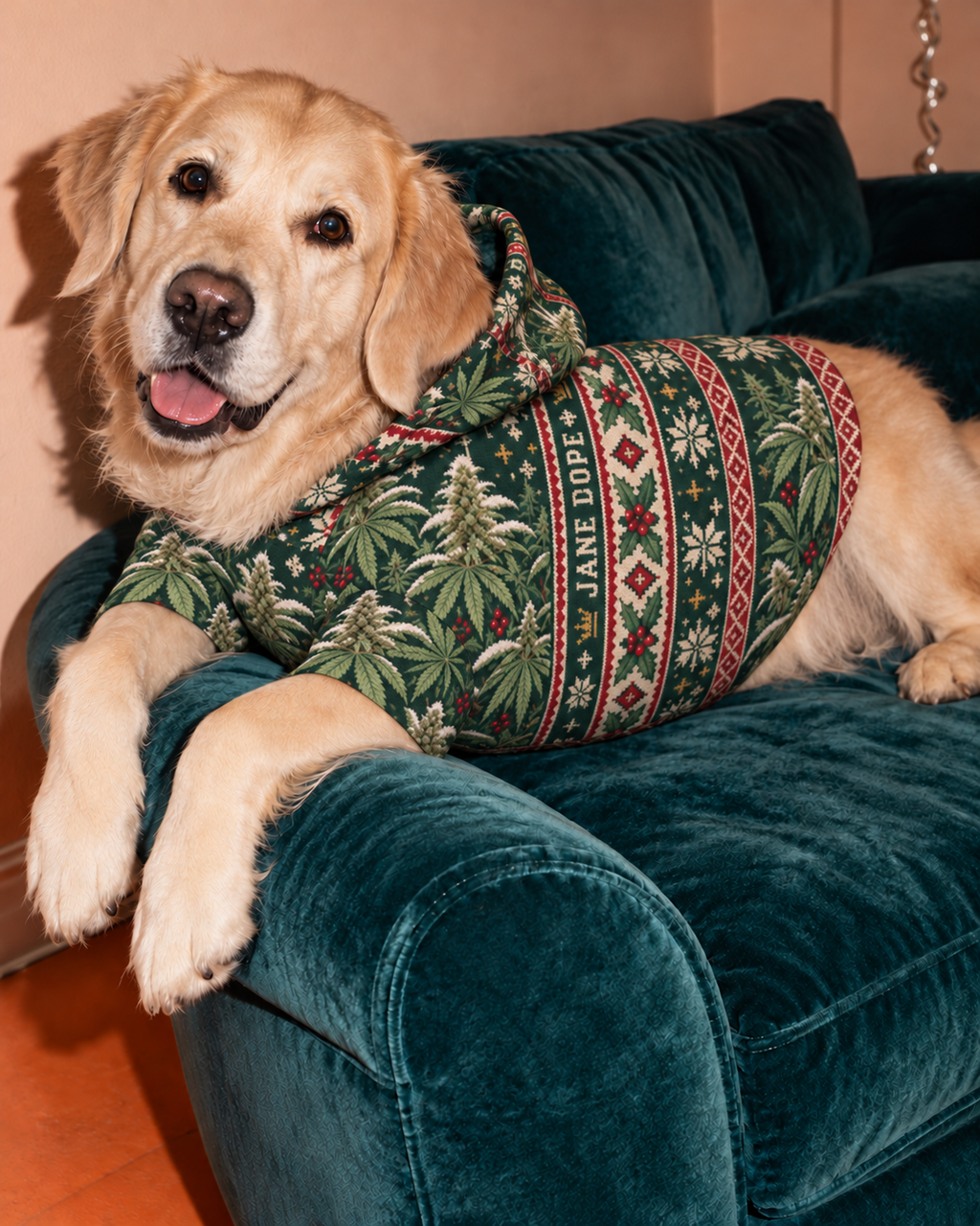 Nugs & Mistletoe green botanical dog hoodie on a golden dog reclining over a teal sofa arm. AI editorial illustration; props not included.