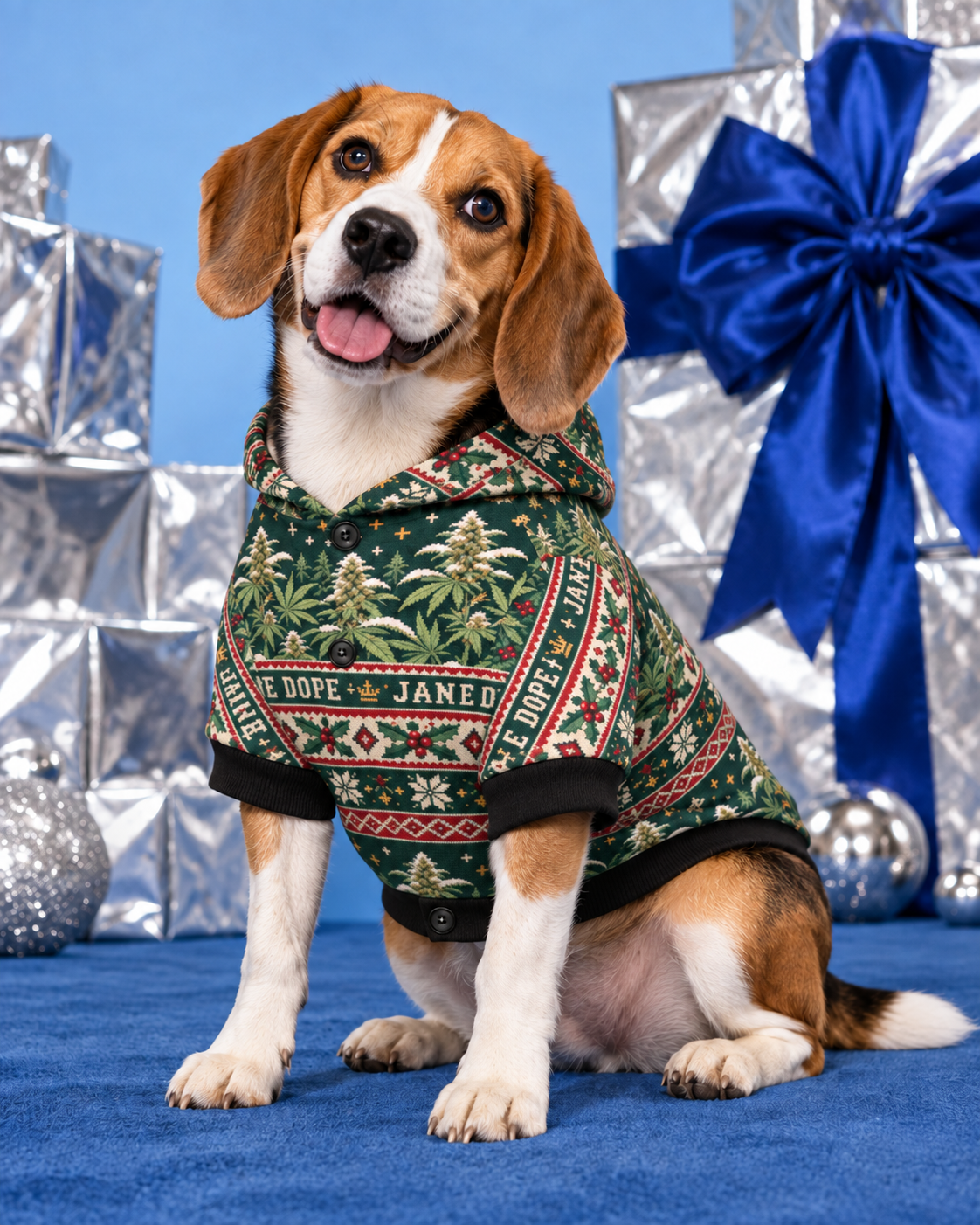 Nugs & Mistletoe Dog Hoodie 2XL variant shown on a compact tri-colour beagle with soft floppy ears in a holiday studio