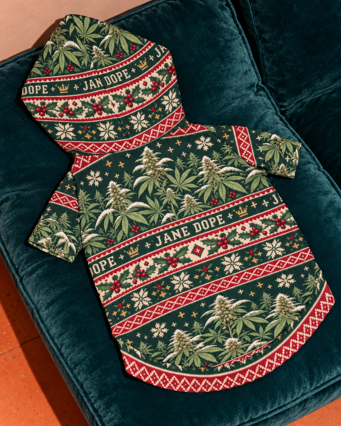 Back of the Nugs & Mistletoe dog hoodie laid diagonally on teal velvet, showing its hood, short sleeves and botanical print. AI editorial illustration.