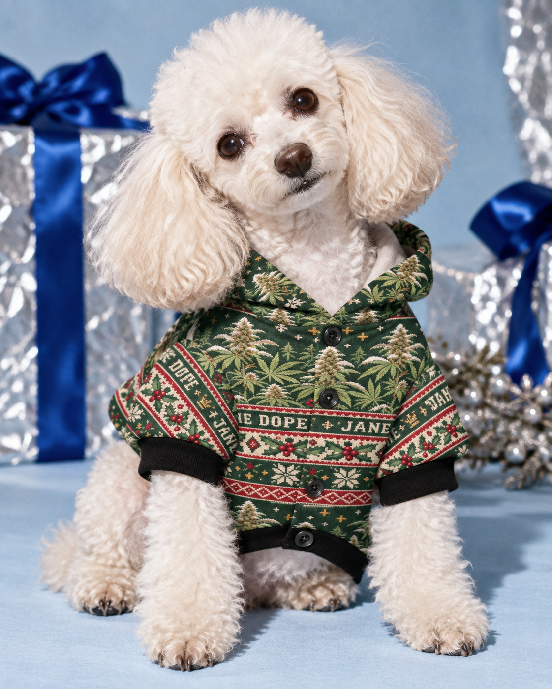 Nugs & Mistletoe Dog Hoodie shown on a white poodle in a holiday studio