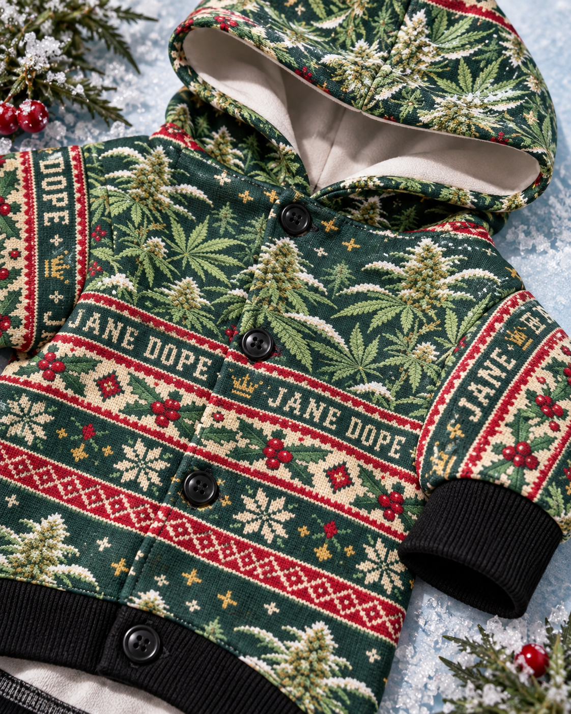 Close-up of Nugs & Mistletoe Dog Hoodie print, black button and sleeve cuff