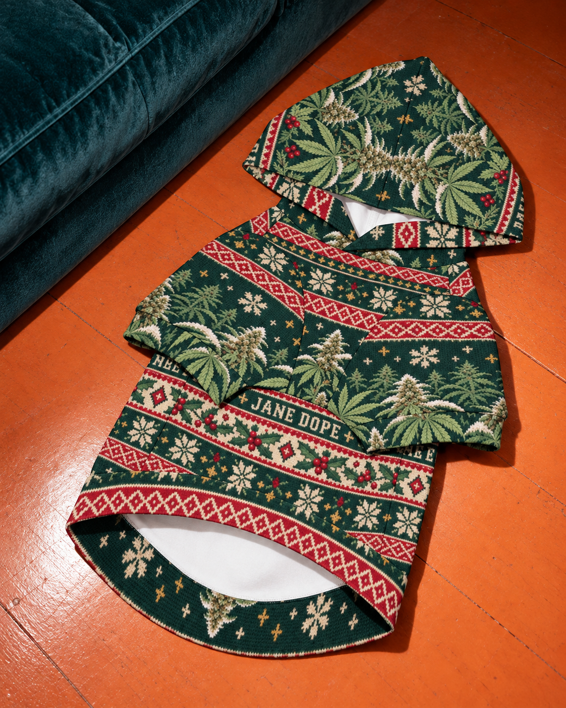 Front and underside of the Nugs & Mistletoe dog hoodie on an orange floor, showing short sleeves and the curved belly opening. AI editorial illustration.