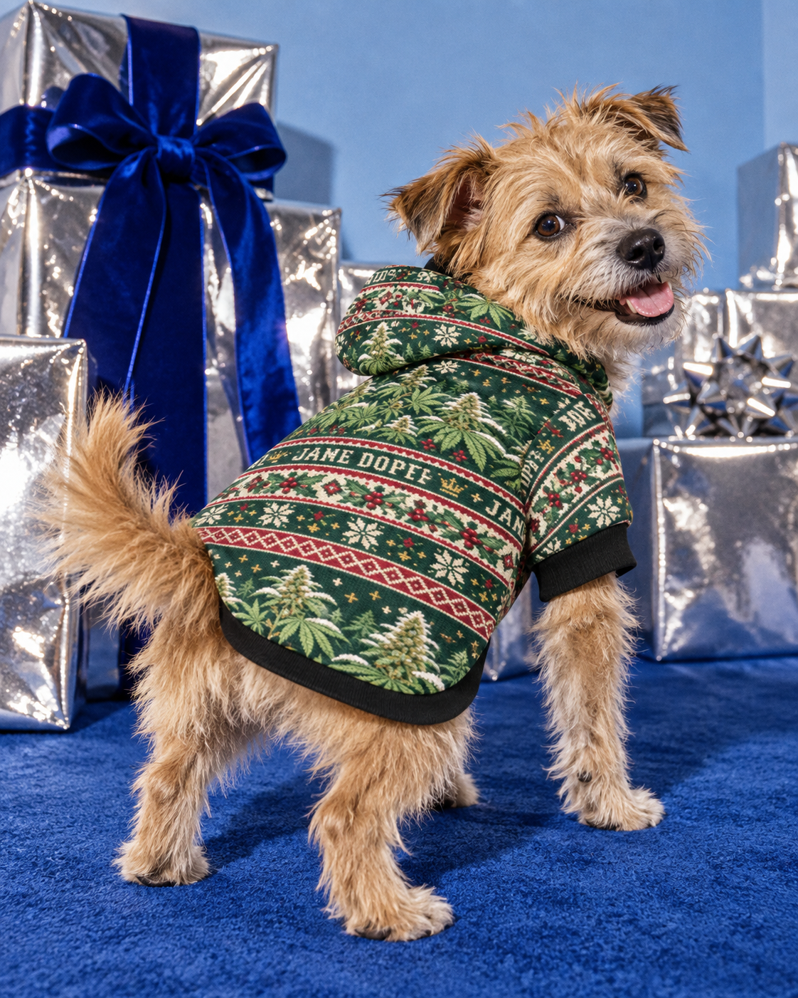Small terrier wearing Nugs & Mistletoe Dog Hoodie beside silver holiday gifts