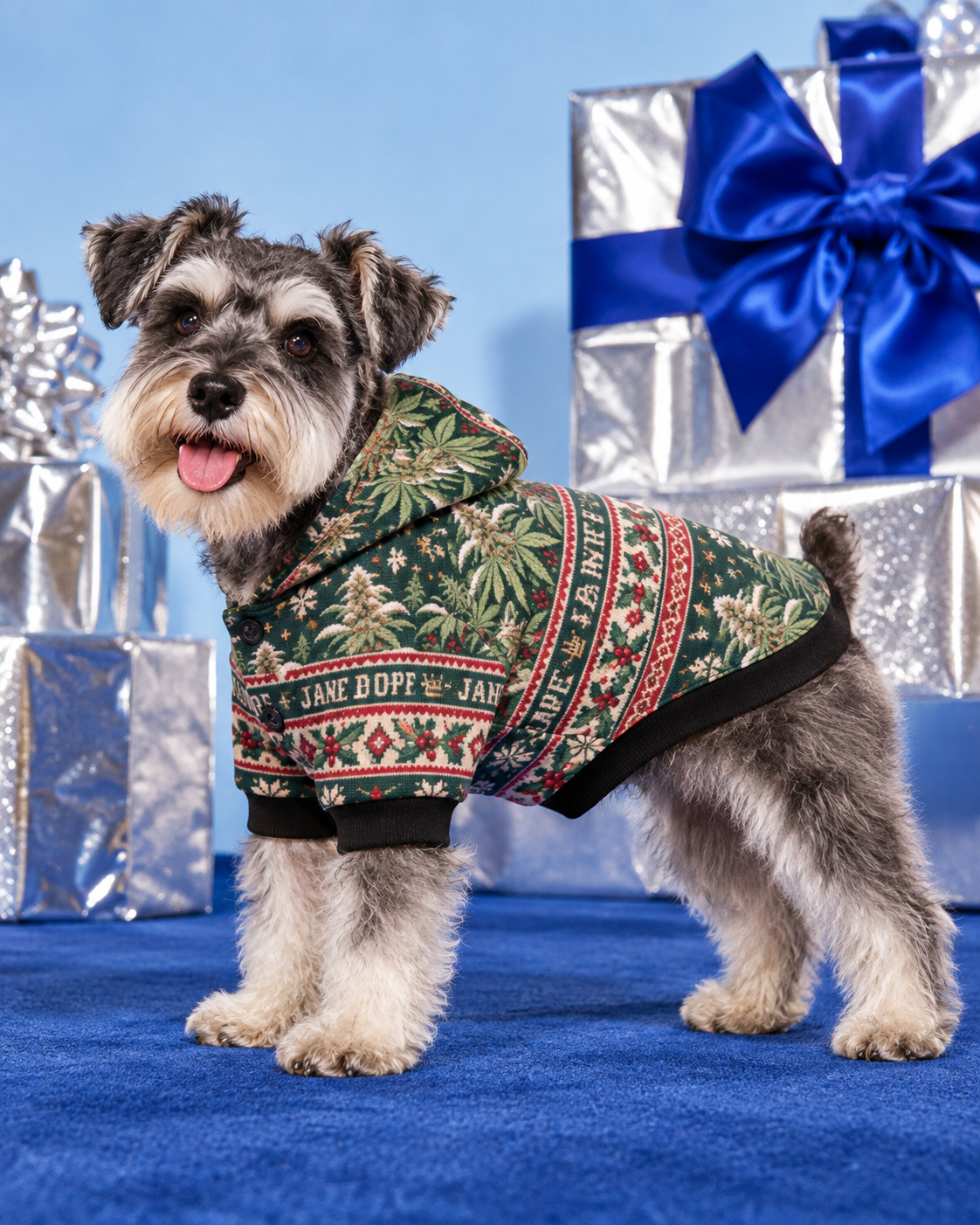 Nugs & Mistletoe Dog Hoodie L variant shown on a compact miniature schnauzer with salt-and-pepper fur and expressive eyebrows in a holiday studio