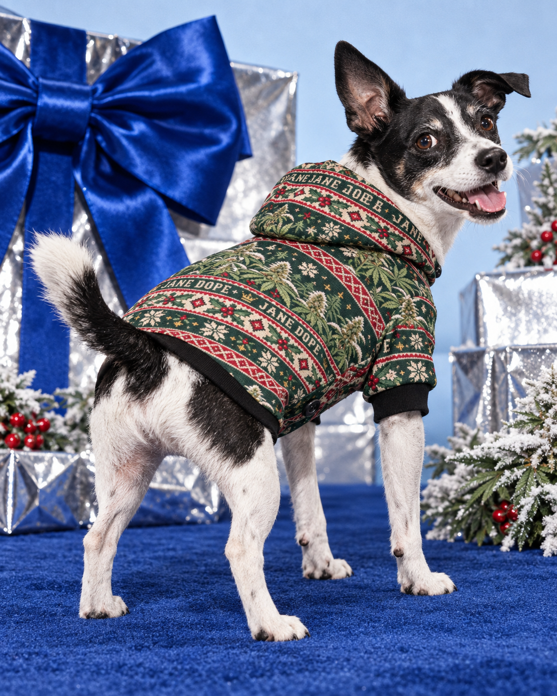 Nugs & Mistletoe Dog Hoodie M variant shown on a small black-and-white short-haired terrier mix in a holiday studio