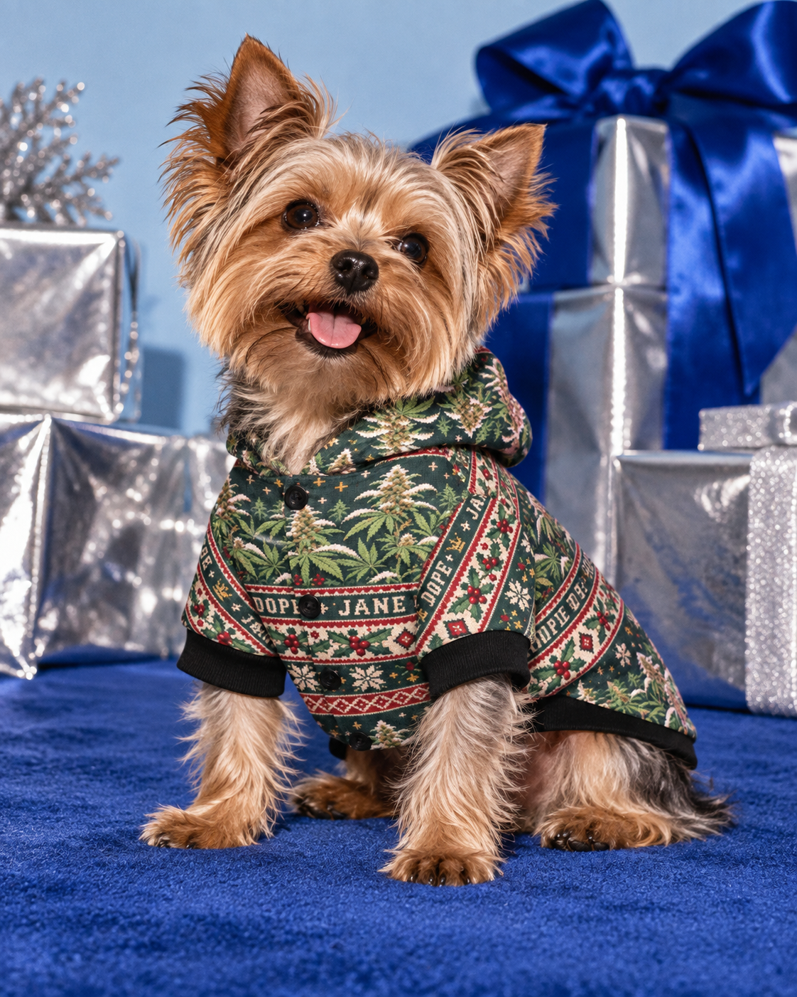 Nugs & Mistletoe Dog Hoodie S variant shown on a small silky Yorkshire terrier with natural loose hair in a holiday studio