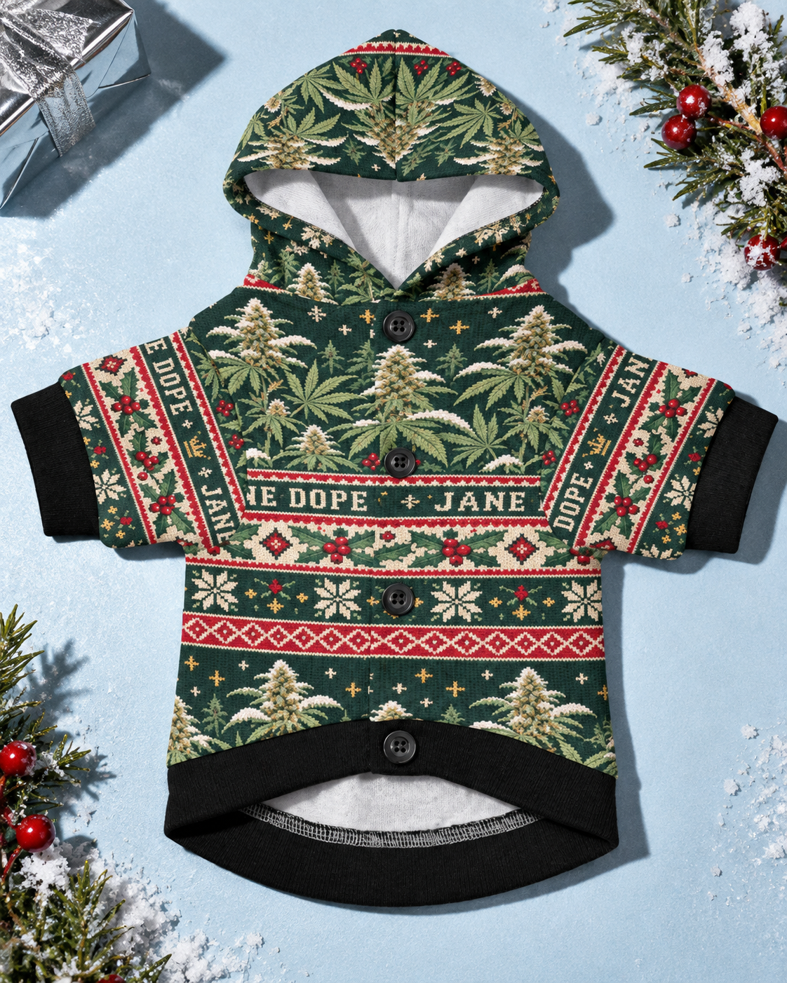 Nugs & Mistletoe Dog Hoodie front with black buttons and ribbed trim