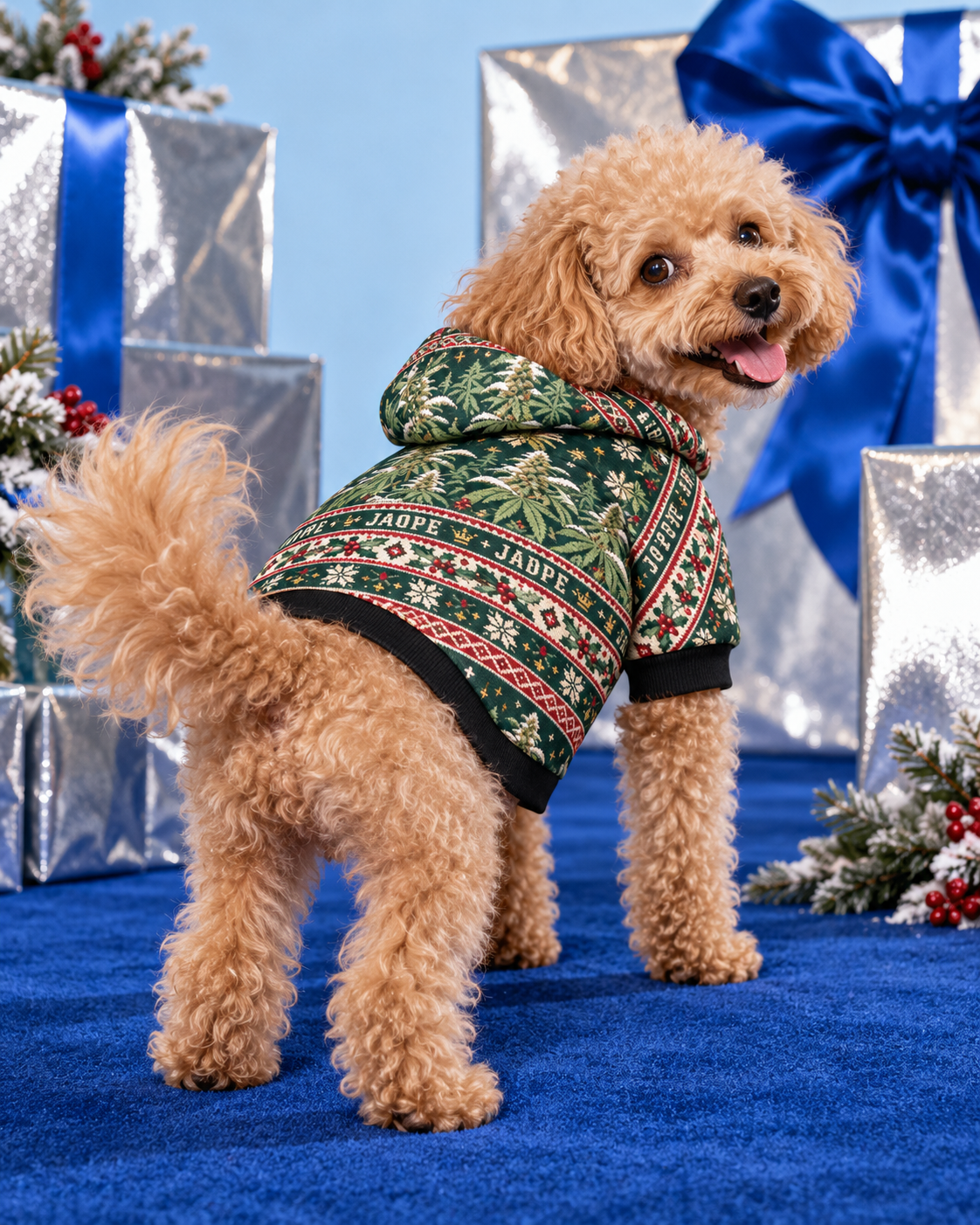 Nugs & Mistletoe Dog Hoodie XL variant shown on a small apricot miniature poodle with soft curly coat in a holiday studio