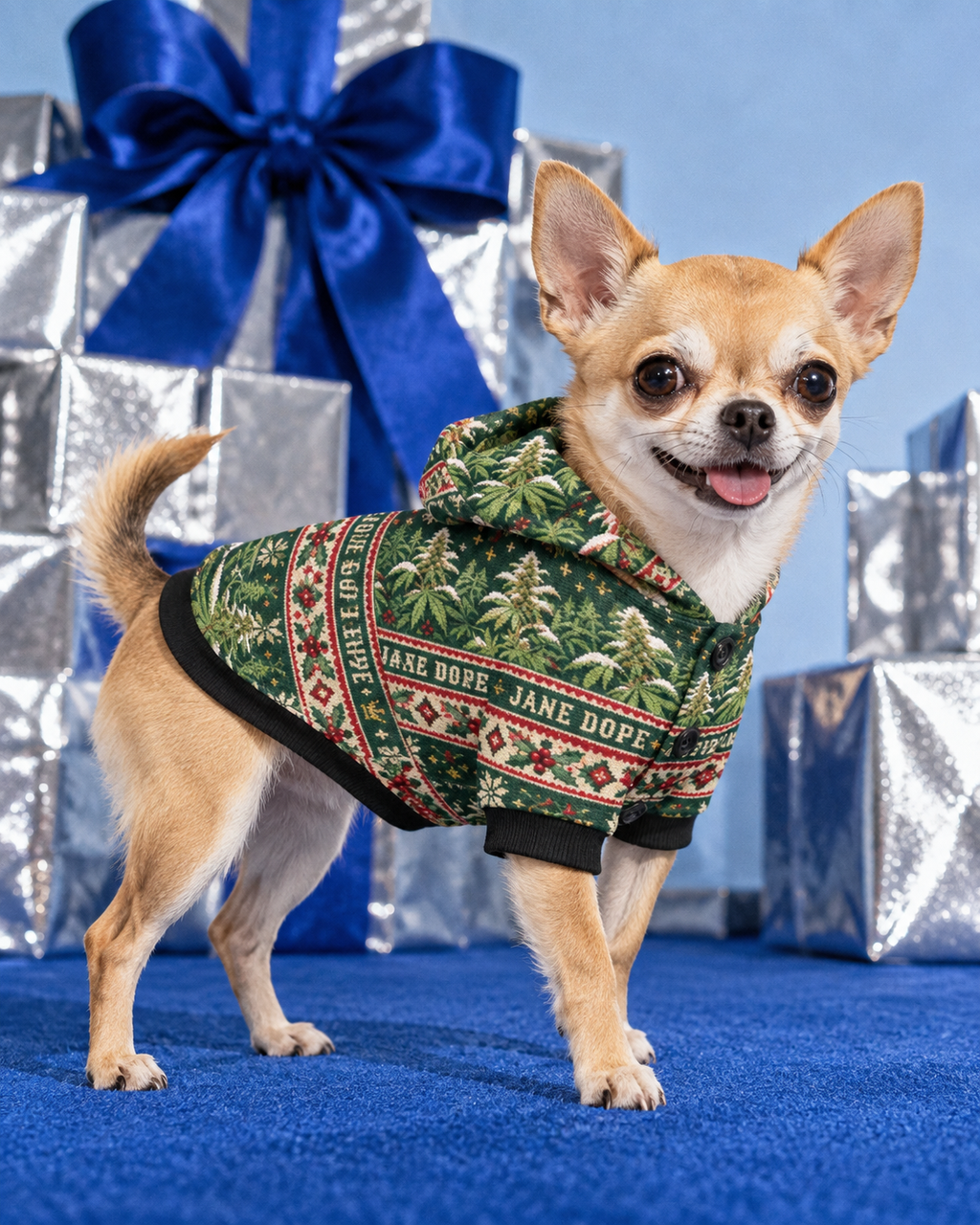 Nugs & Mistletoe Dog Hoodie XS variant shown on a tiny short-haired fawn Chihuahua in a holiday studio
