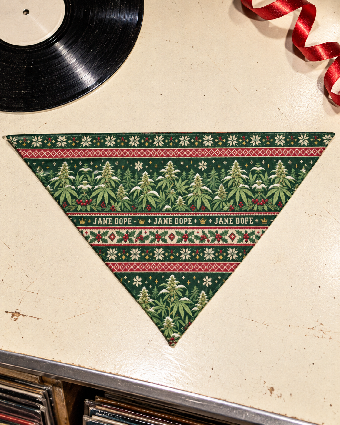 Nugs & Mistletoe Dog Scarf laid flat with green holiday Herb print