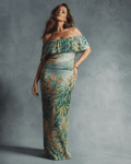 Ganja breeze tropical print off-shoulder dress in XL, full length view on model