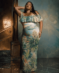 Ganja breeze tropical print off-shoulder dress in 4XL, full length view on model