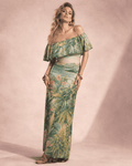 Ganja breeze tropical print off-shoulder dress, back view on model