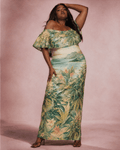 Jane Dope ganja breeze tropical print off-the-shoulder dress, lifestyle front view on model