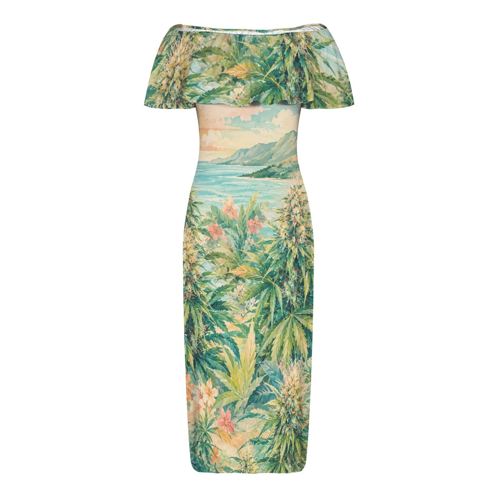 Ganja breeze tropical print off-shoulder dress, flat lay showing full print