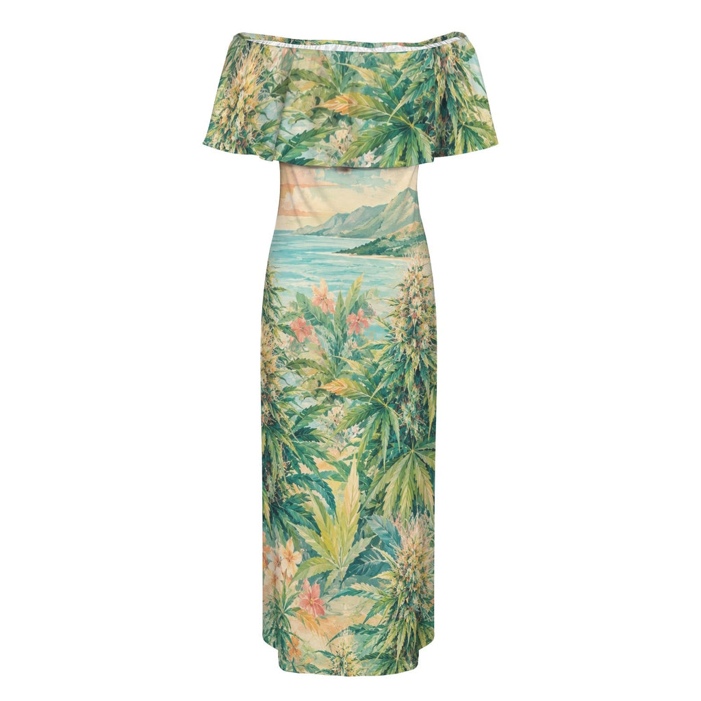 Ganja breeze tropical print off-shoulder dress, side view on model
