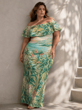 Ganja breeze tropical print off-shoulder dress in 6XL, full length view on model