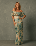 Ganja breeze tropical print off-shoulder dress in small, full length view on model