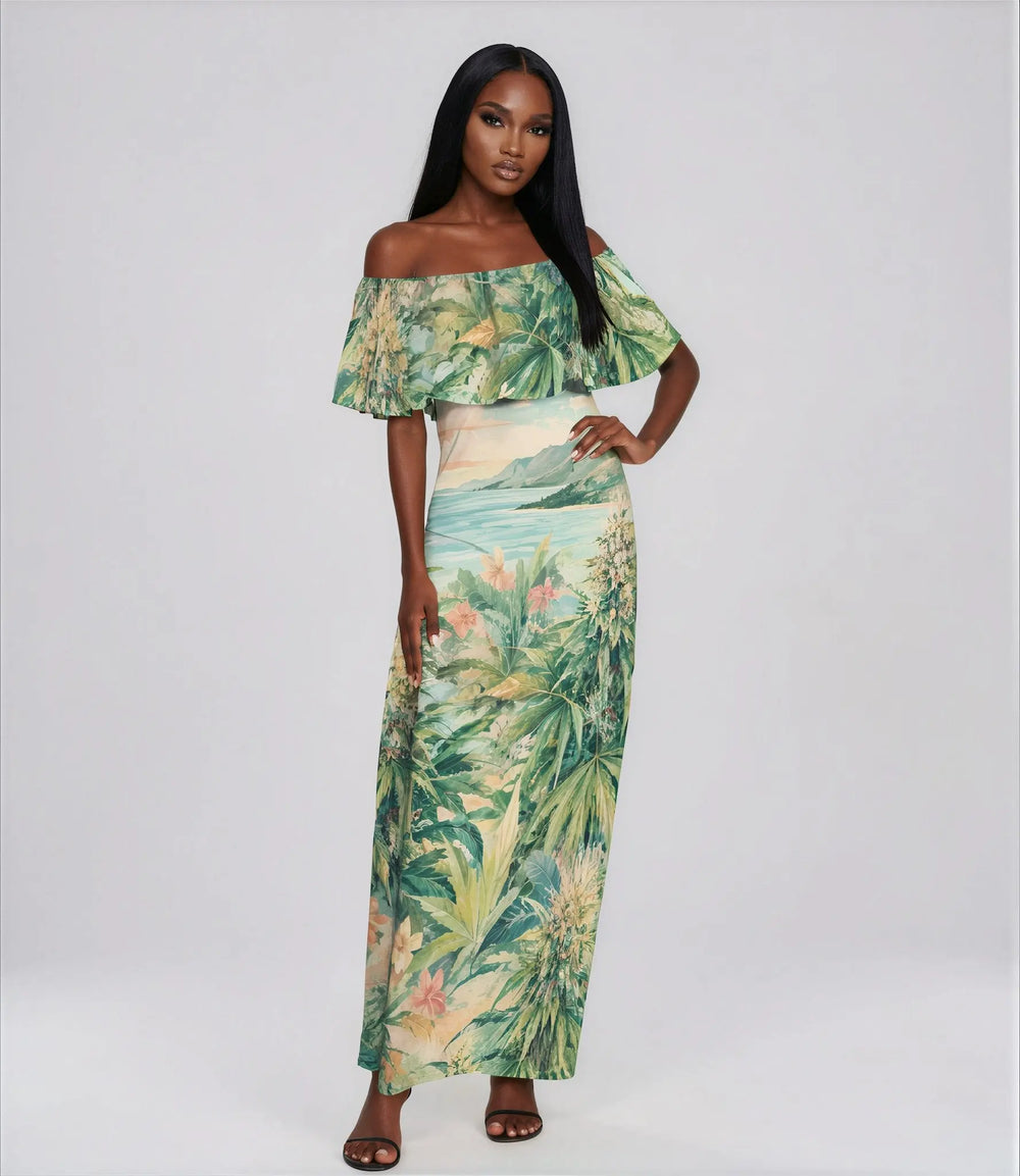 Vestido maxi tropical con hombros descubiertos