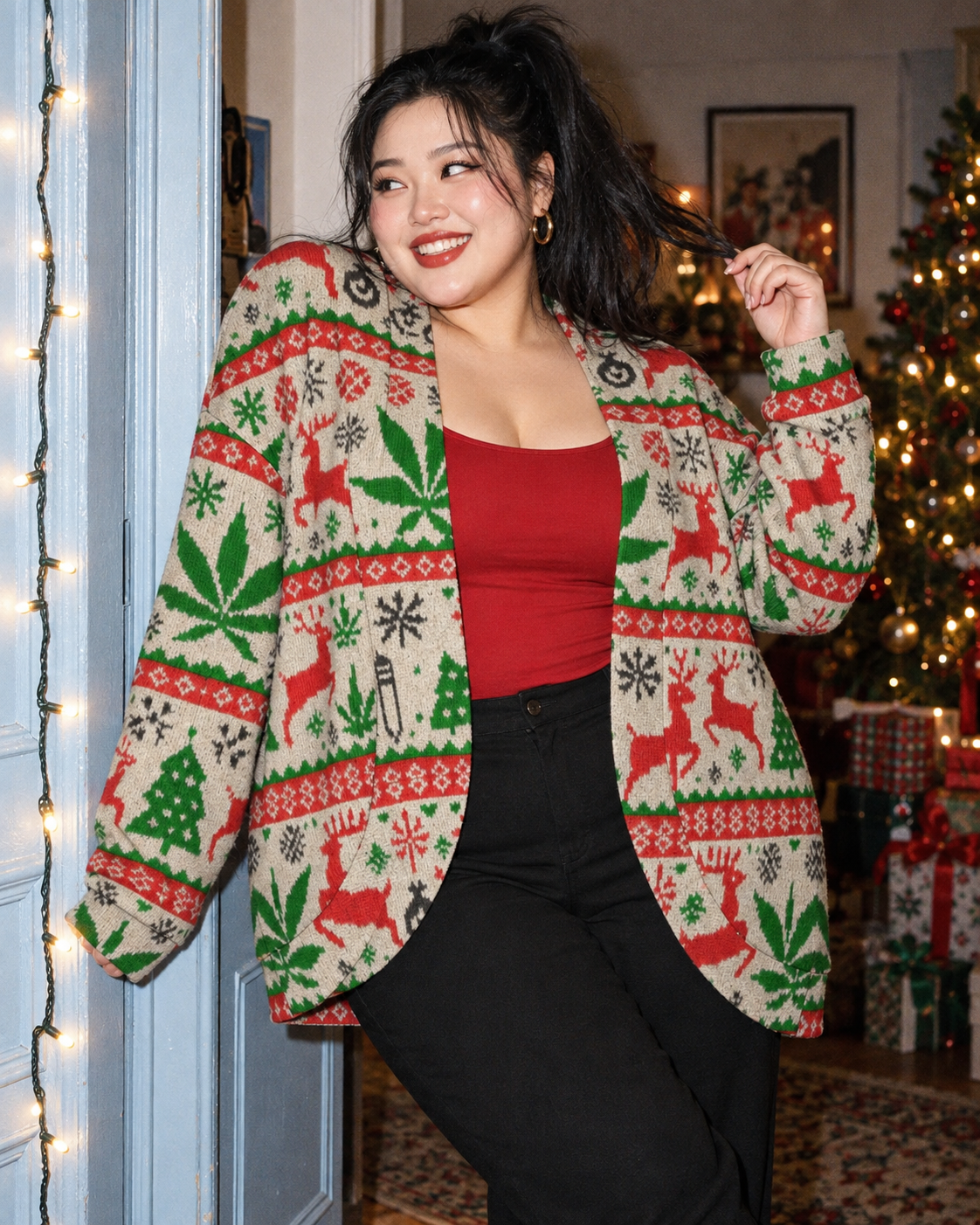OG X-MAS Drop Shoulder Cardigan size 2XL front editorial fit illustration