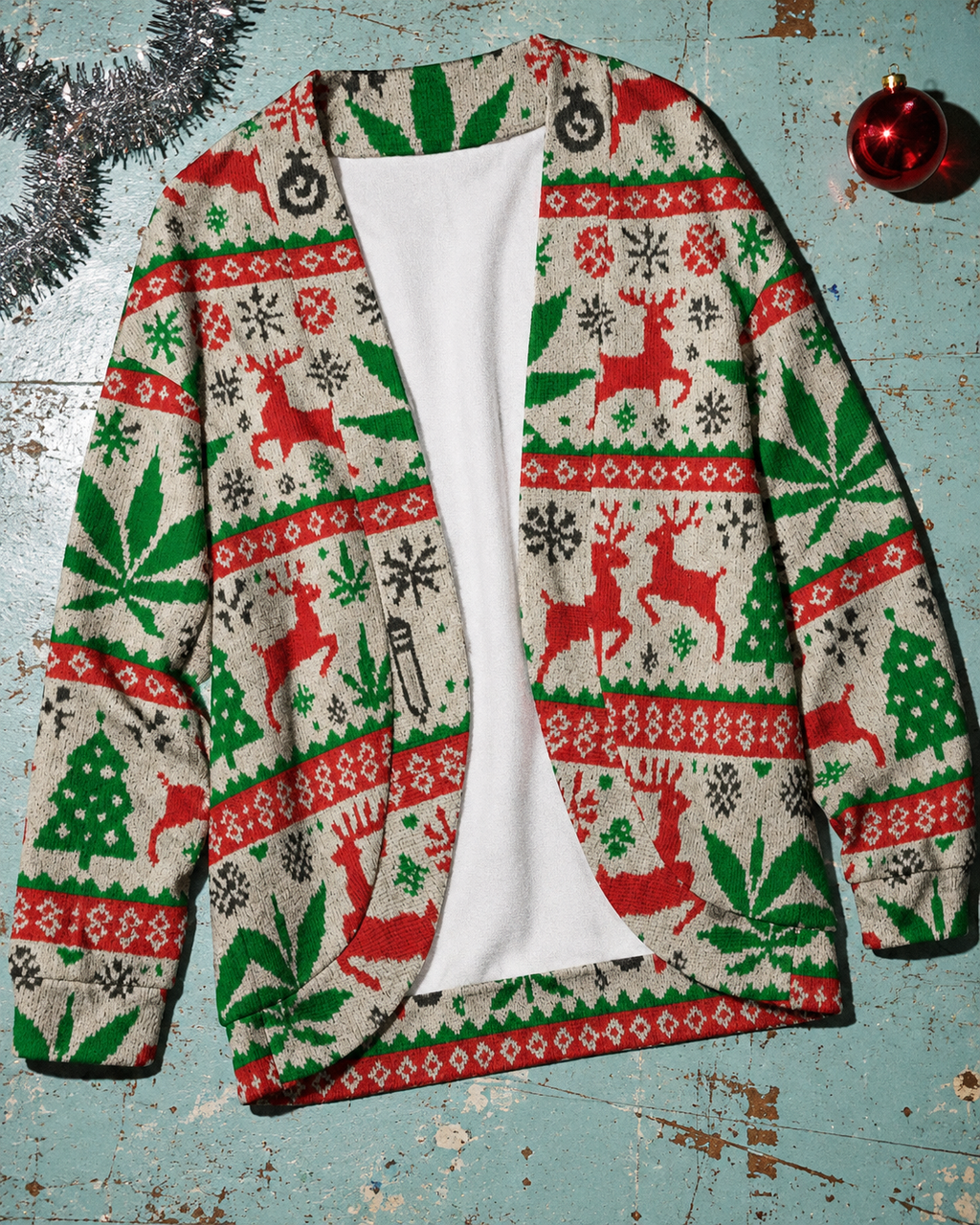 OG X-MAS Drop Shoulder Cardigan full front showing red reindeer and green Herb holiday print