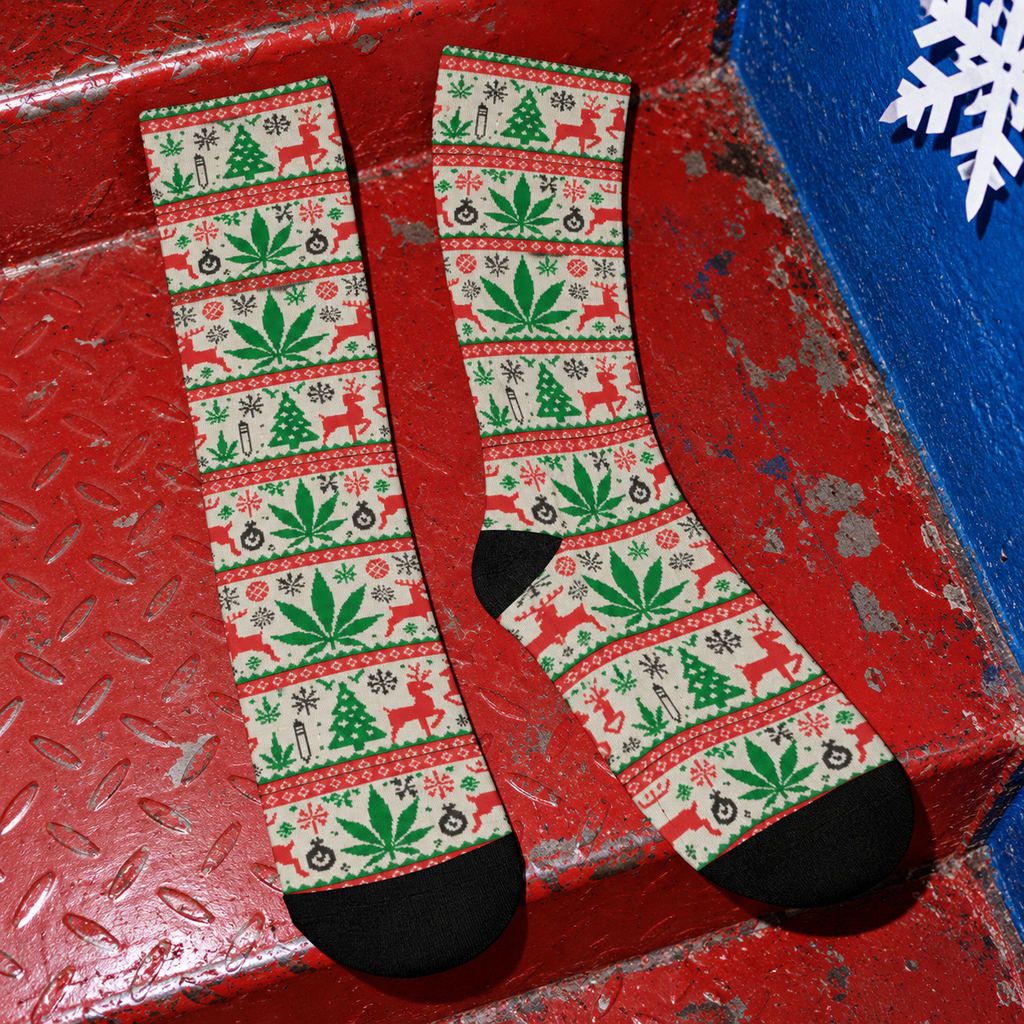 OG Xmas Socks full pair showing cream holiday print, green Herb leaves and black toes