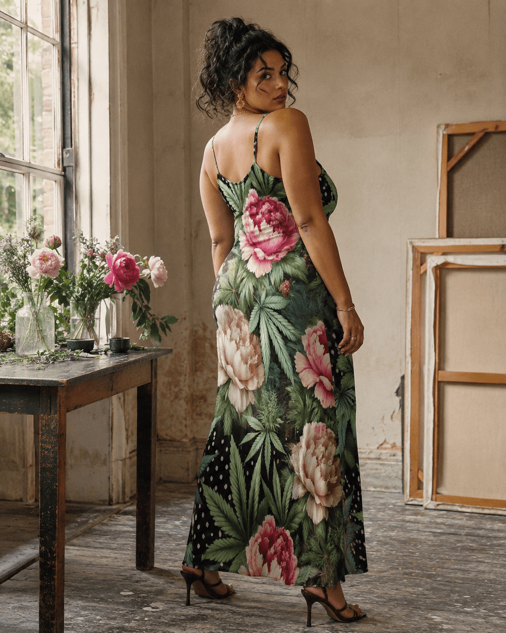 Floral print long spaghetti strap dress, side view on model