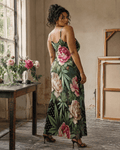 Floral print long spaghetti strap dress, side view on model