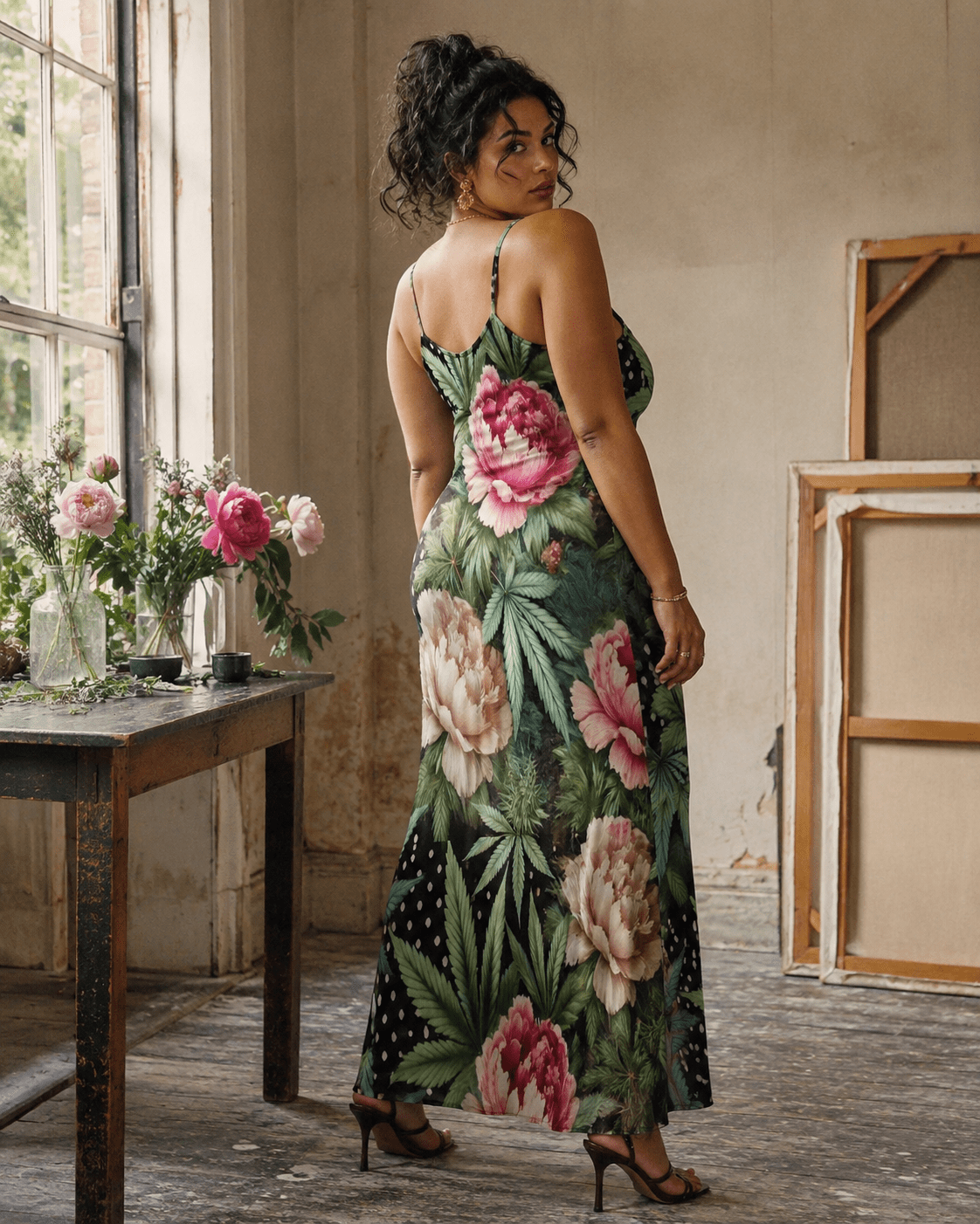 Floral print long spaghetti strap dress, side view on model