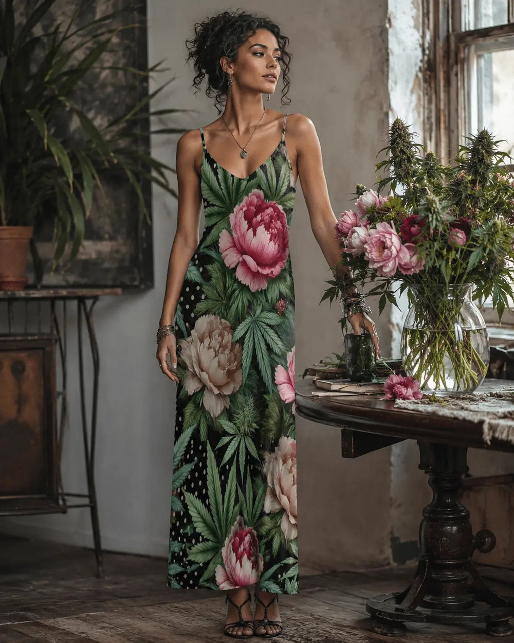 Vestido largo con tirantes finos de peonías y macetas
