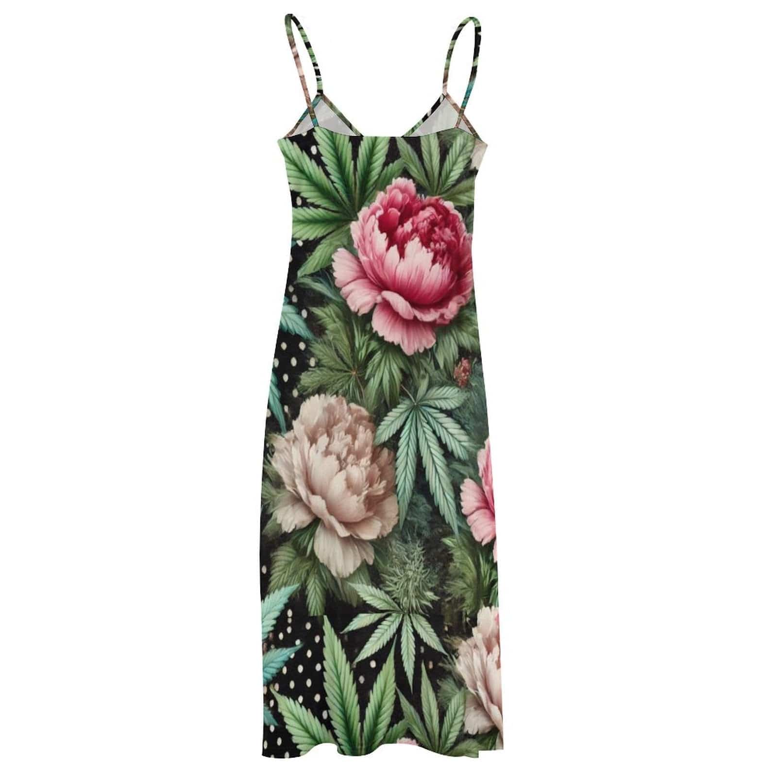 Floral print long spaghetti strap dress, strap and neckline detail close-up