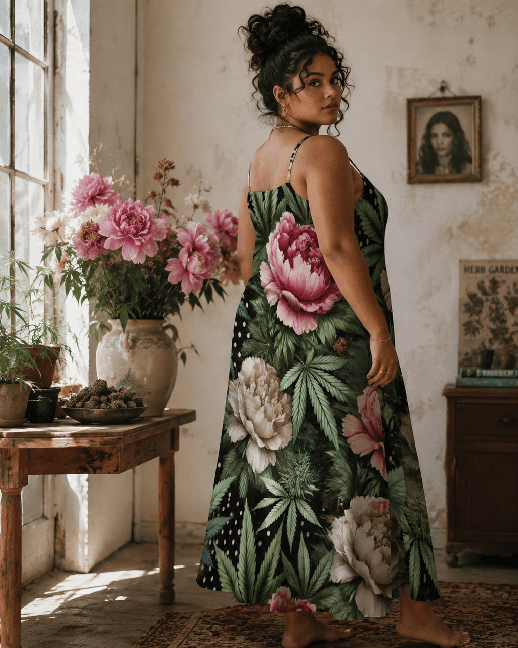 Floral print long spaghetti strap dress, walking shot on model