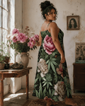Floral print long spaghetti strap dress, walking shot on model