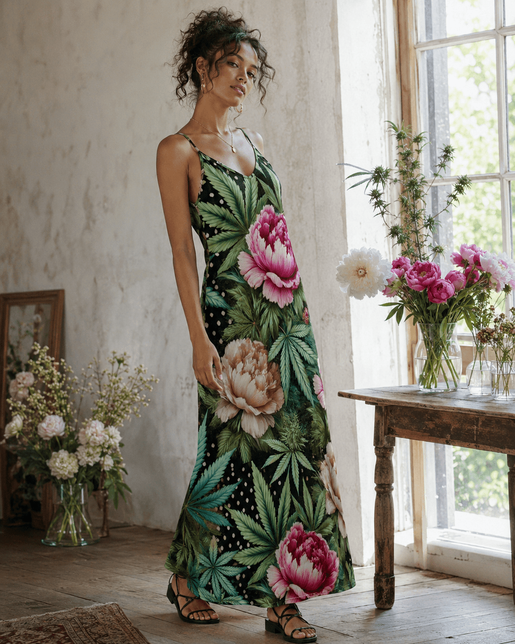 Floral print long spaghetti strap dress, back view on model