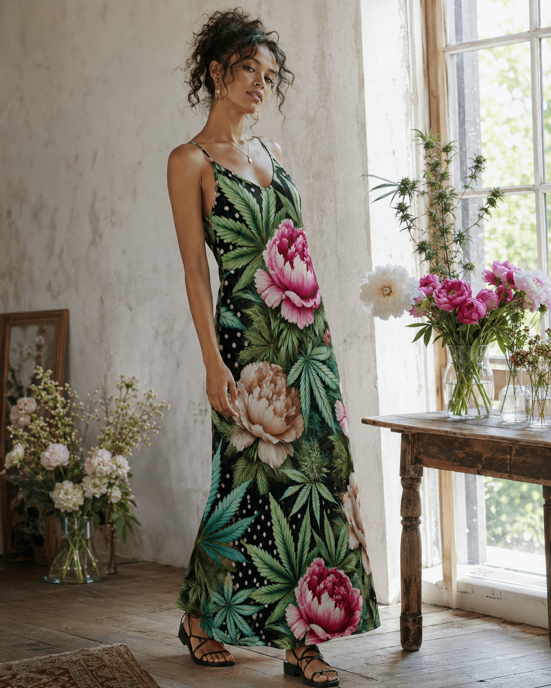 Floral print long spaghetti strap dress, back view on model