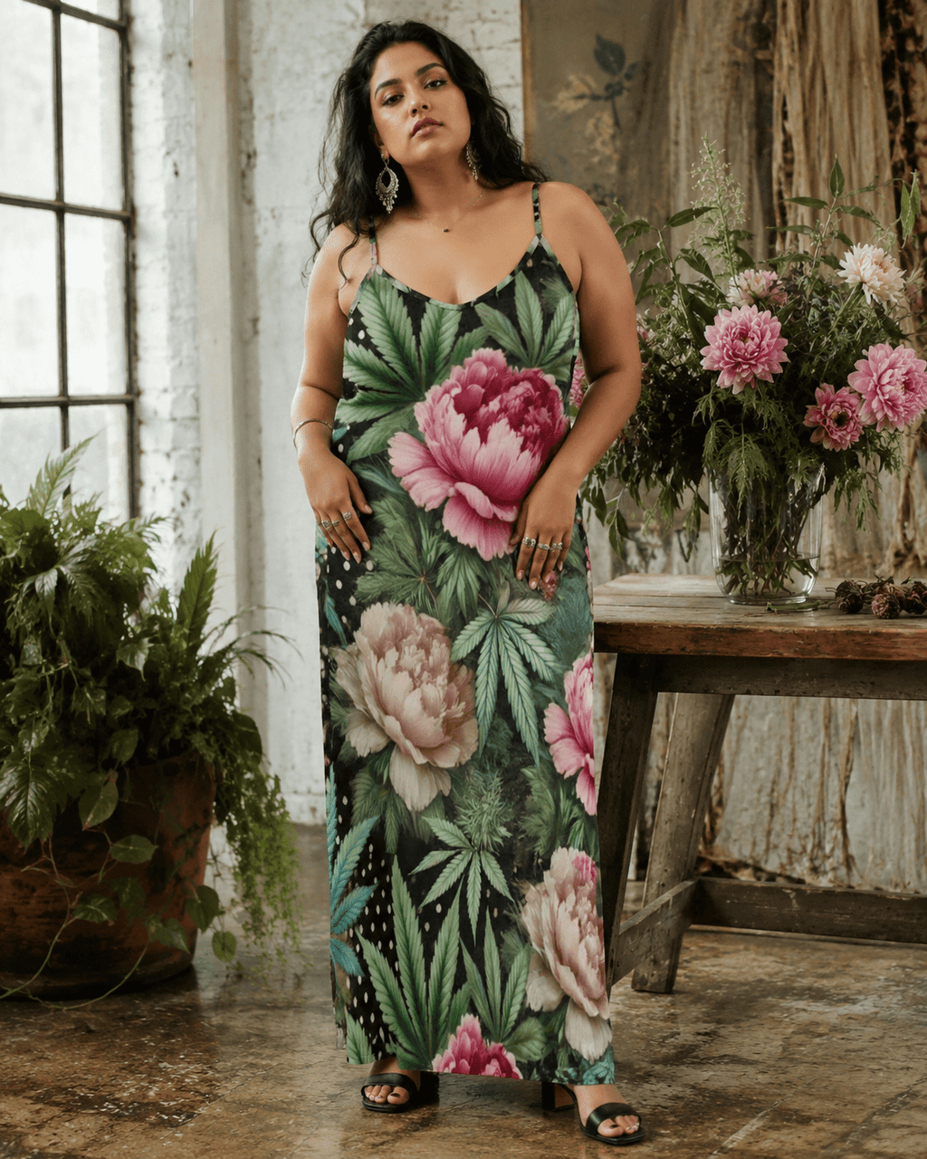 Floral print long spaghetti strap dress, full length view on model outdoors