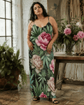 Floral print long spaghetti strap dress, full length view on model outdoors